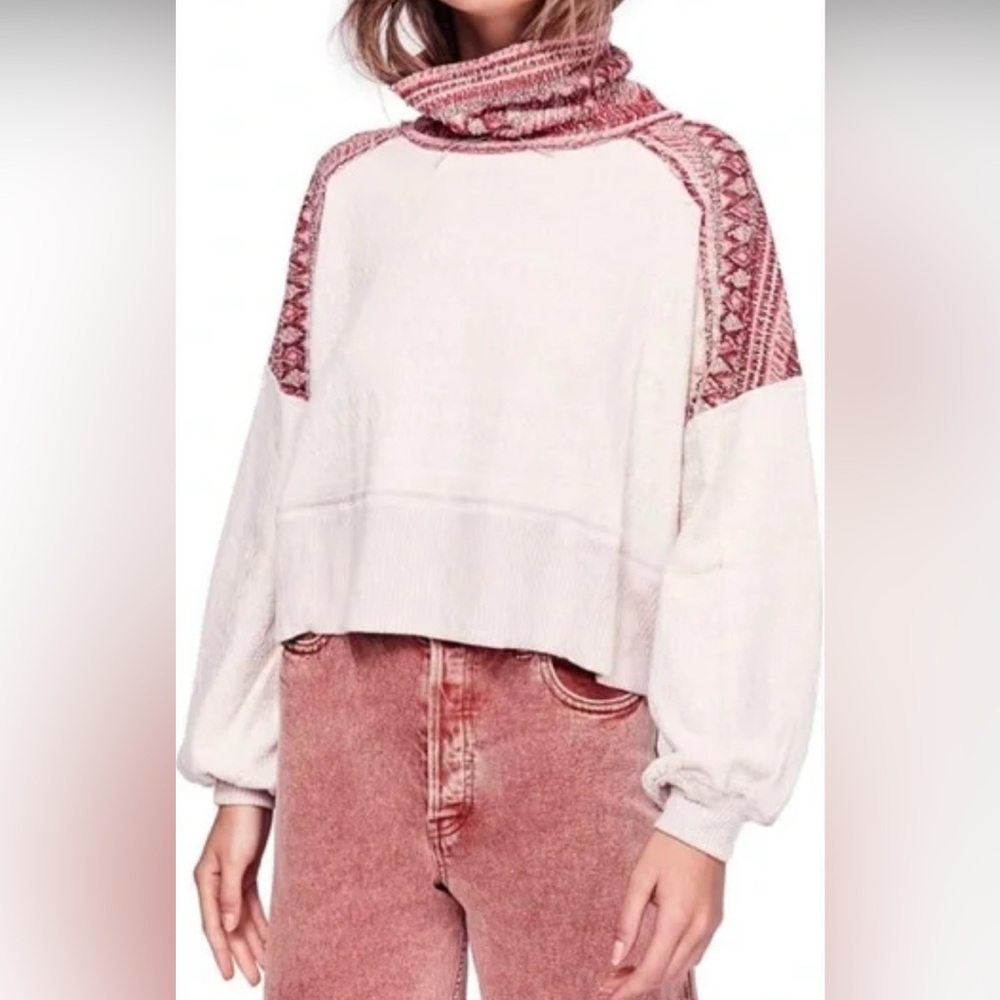Free People We The Free At The Lodge Cowl Nexk Red and Cream Sweater